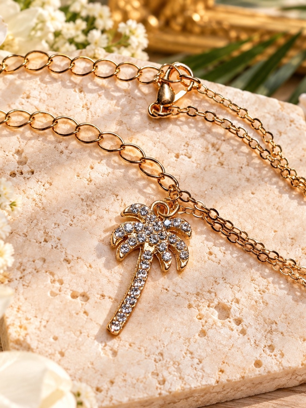 Gold Palm Tree Pendant Necklace with Crystal Accents NWOT
